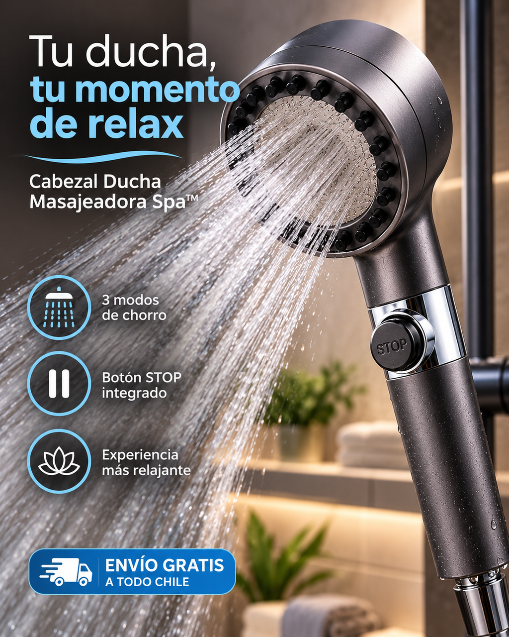 🔥 Cabezal Ducha Masajeadora Spa 3 Modos
