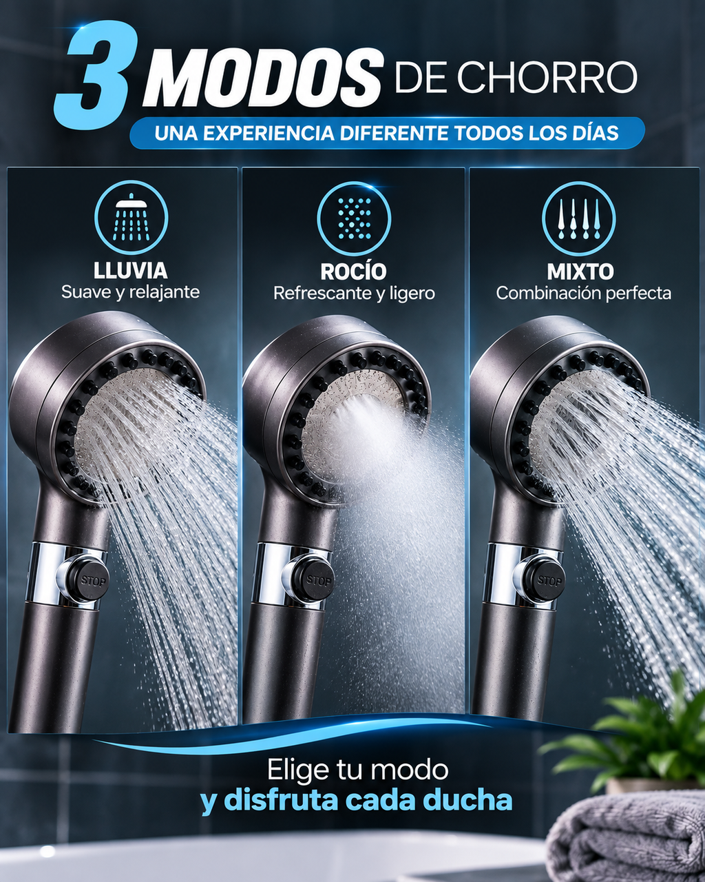 🔥 Cabezal Ducha Masajeadora Spa 3 Modos