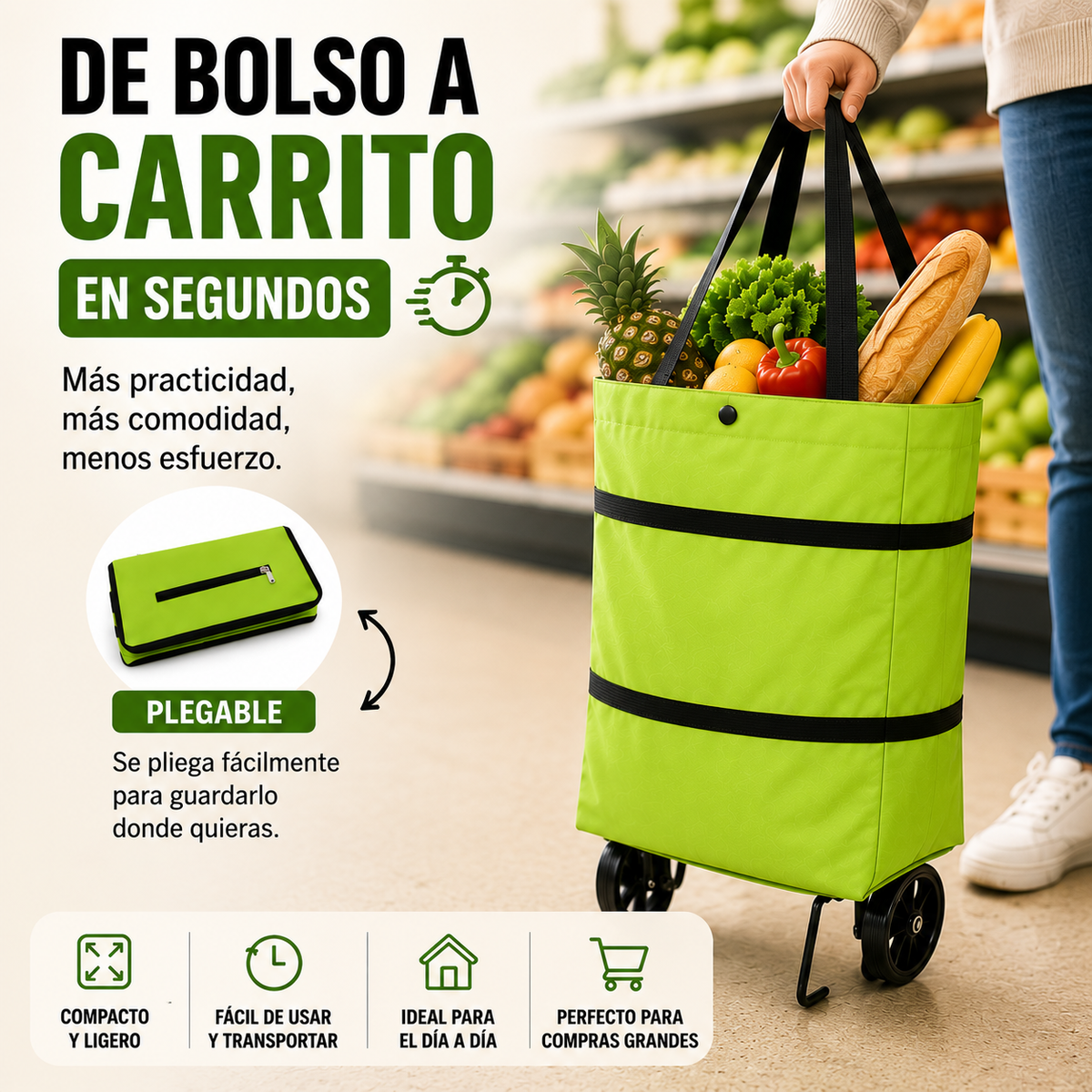 Bolso Carrito Plegable con Ruedas | Lleva Tus Compras con Más Comodidad