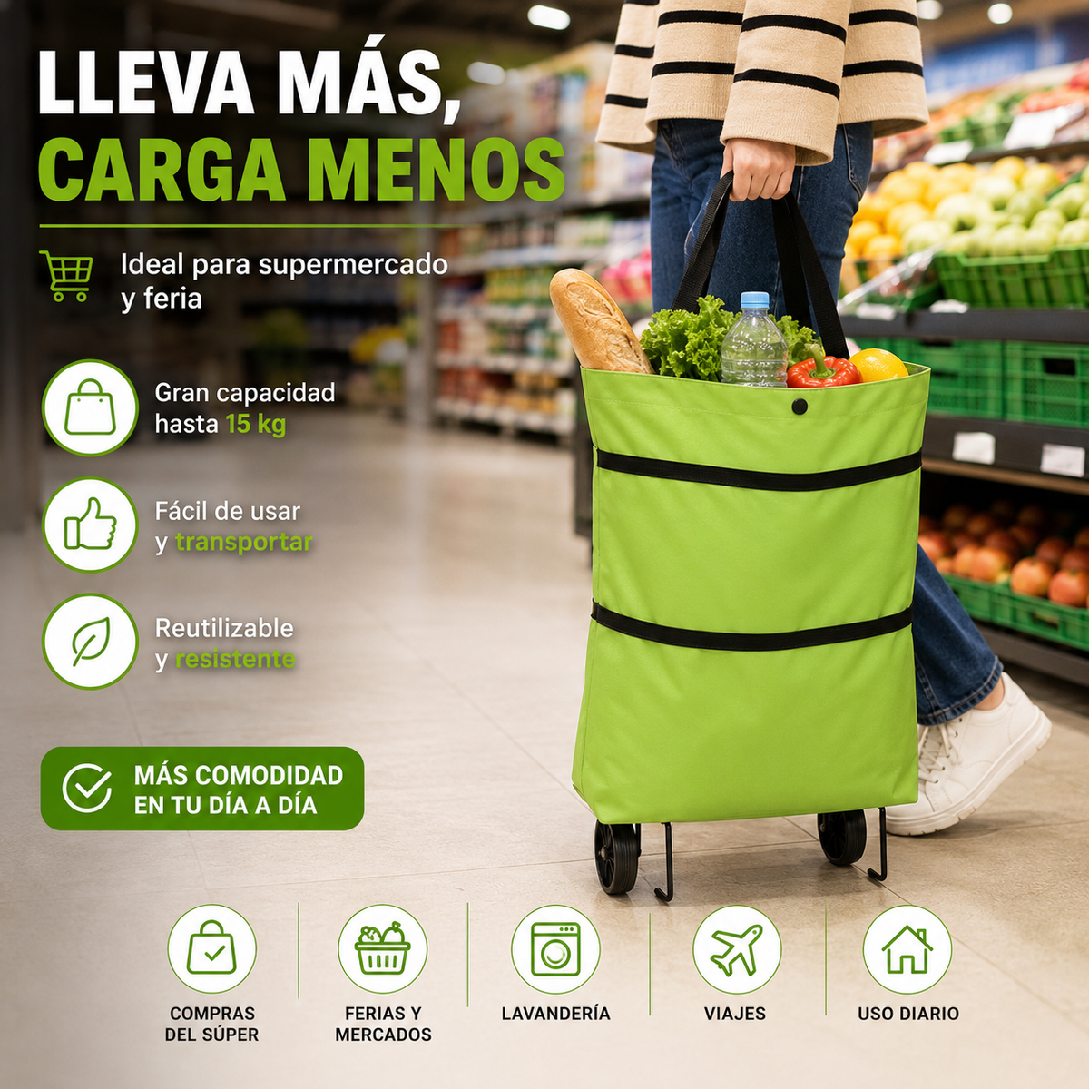 Bolso Carrito Plegable con Ruedas | Lleva Tus Compras con Más Comodidad