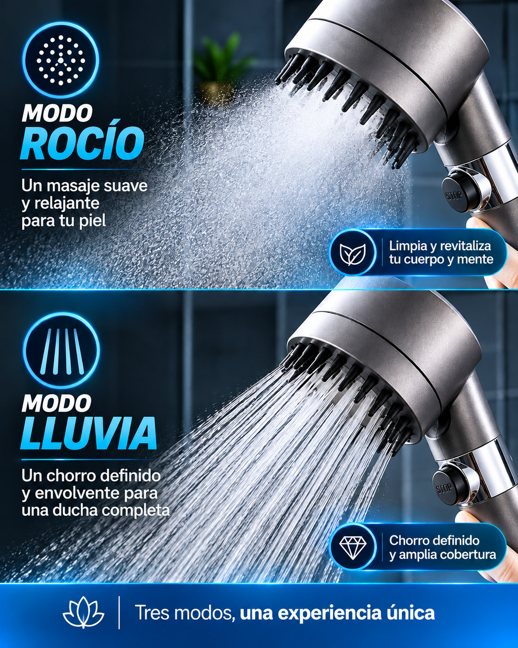 🔥 Cabezal Ducha Masajeadora Spa 3 Modos