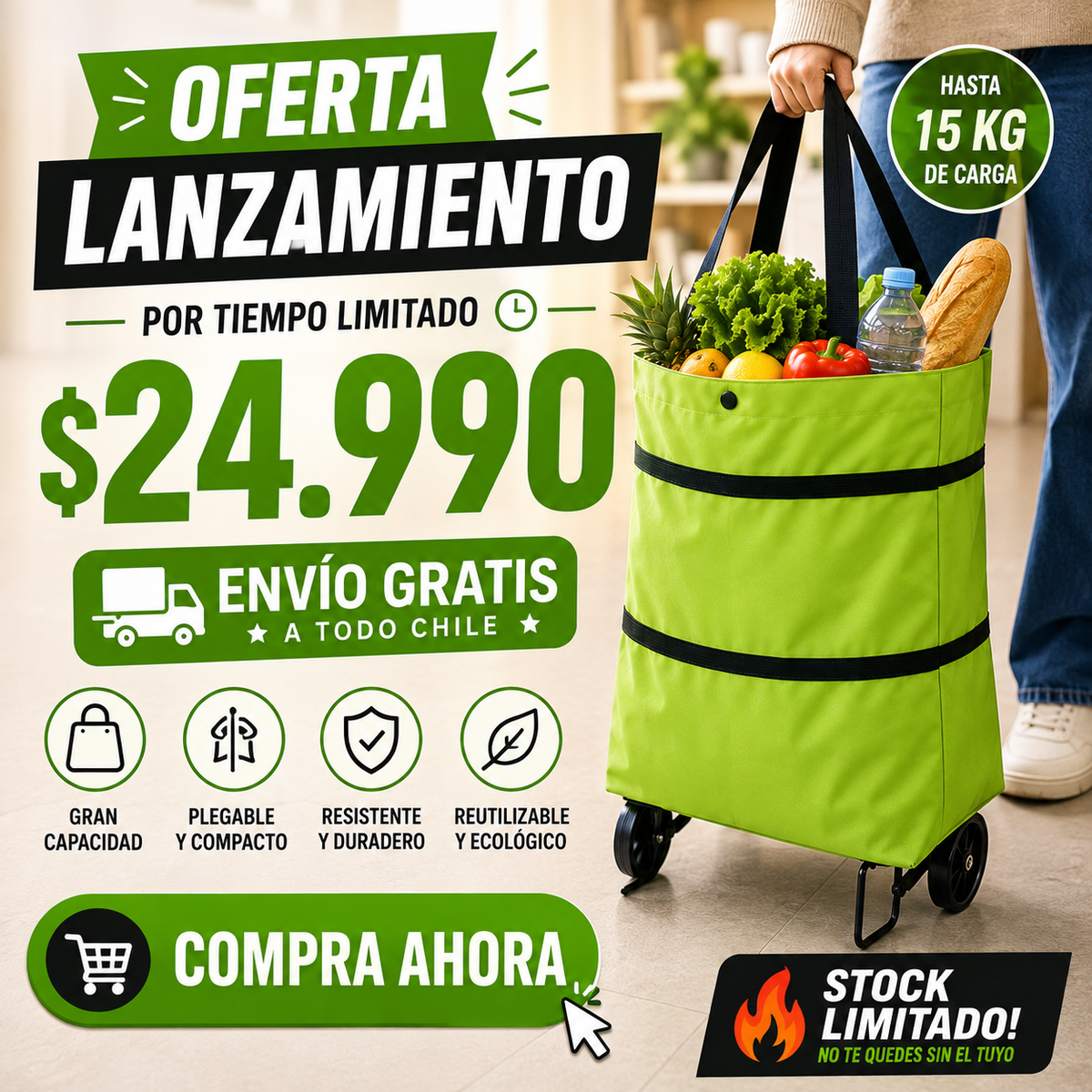 Bolso Carrito Plegable con Ruedas | Lleva Tus Compras con Más Comodidad